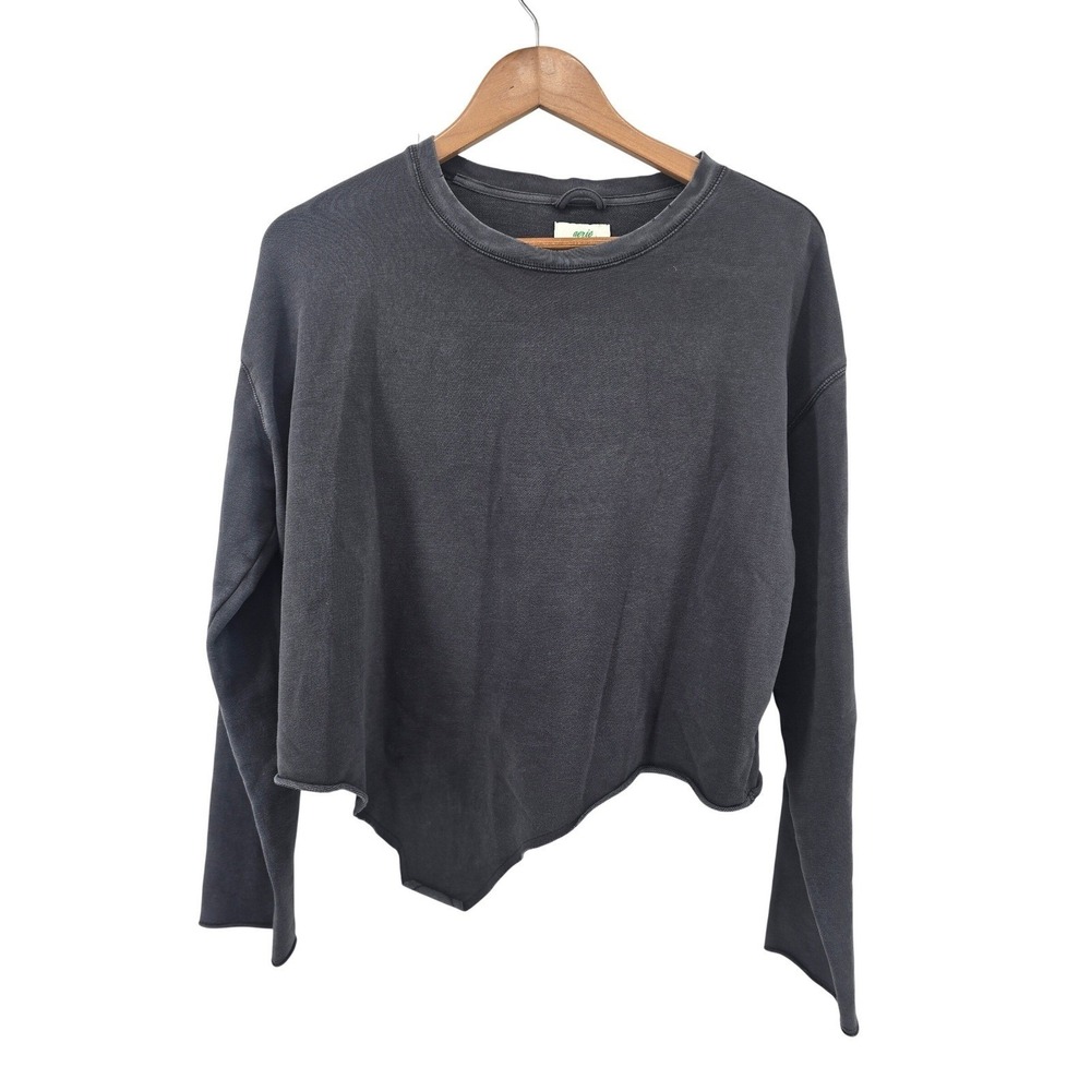 Aerie Sweatshirt Womens Medium Gray Cropped Asymmetrical Hem Raw Edge Crew Neck